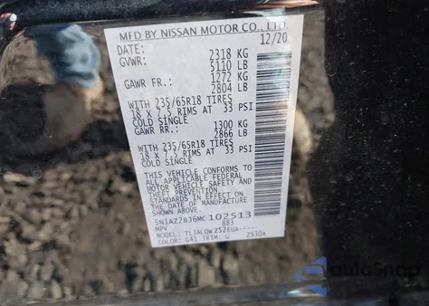 2021 Nissan Murano Sv Fwd из США, поврежденный, VIN 5N1AZ2BJ6MC102513